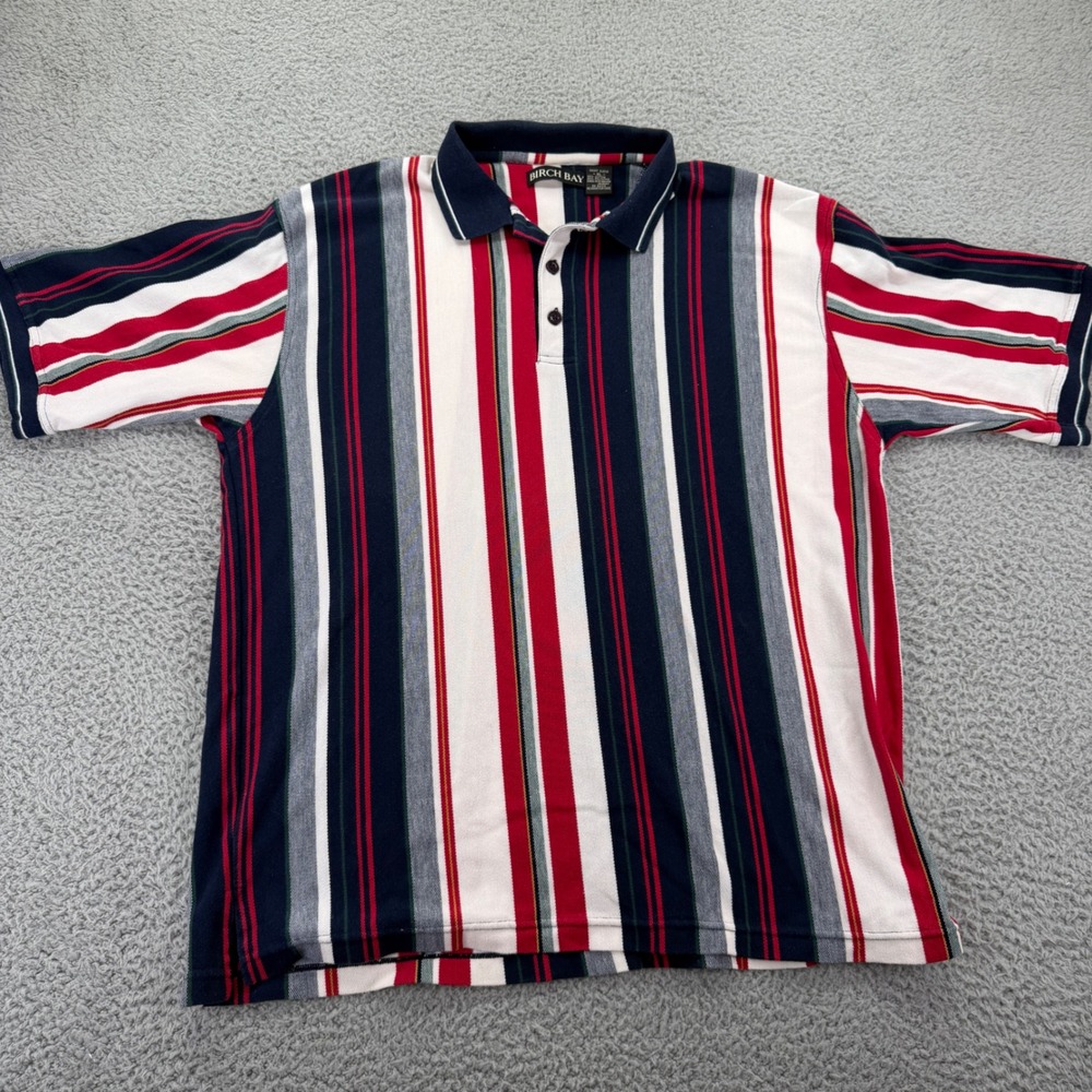 Vintage Birch Bay Mens XL Vertical Stripe Polo Shirt Navy Red White Short Sleeve